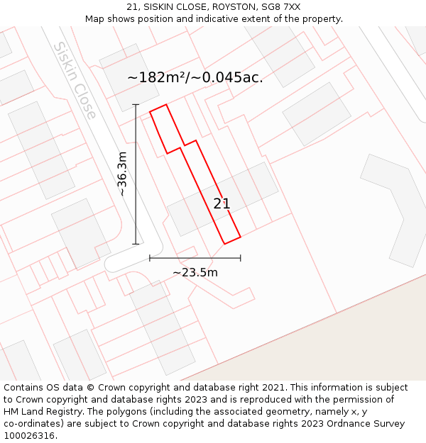 21, SISKIN CLOSE, ROYSTON, SG8 7XX: Plot and title map