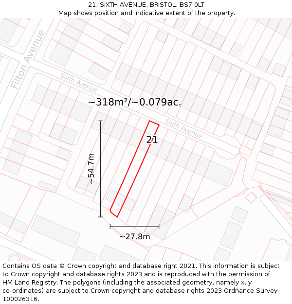21, SIXTH AVENUE, BRISTOL, BS7 0LT: Plot and title map