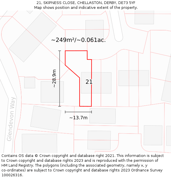 21, SKIPNESS CLOSE, CHELLASTON, DERBY, DE73 5YF: Plot and title map