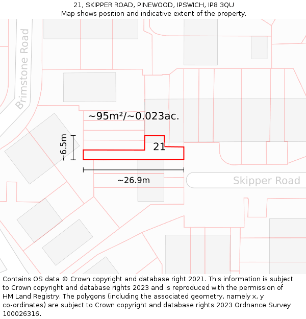 21, SKIPPER ROAD, PINEWOOD, IPSWICH, IP8 3QU: Plot and title map