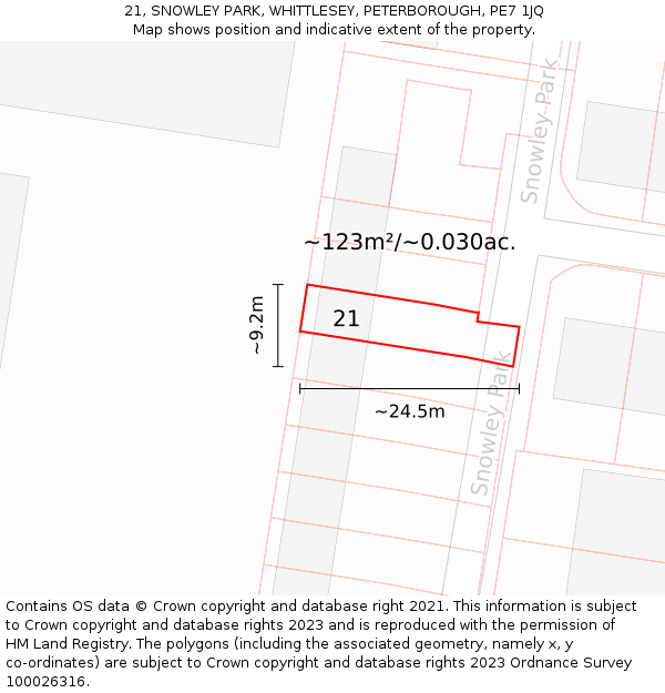21, SNOWLEY PARK, WHITTLESEY, PETERBOROUGH, PE7 1JQ: Plot and title map