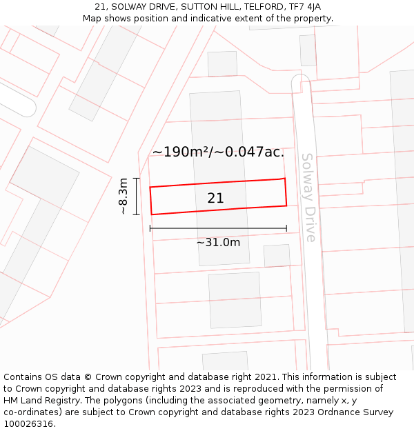 21, SOLWAY DRIVE, SUTTON HILL, TELFORD, TF7 4JA: Plot and title map