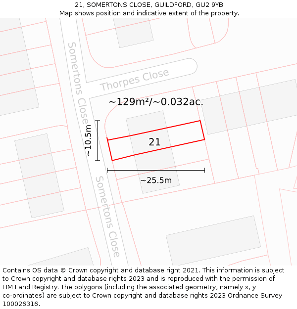 21, SOMERTONS CLOSE, GUILDFORD, GU2 9YB: Plot and title map
