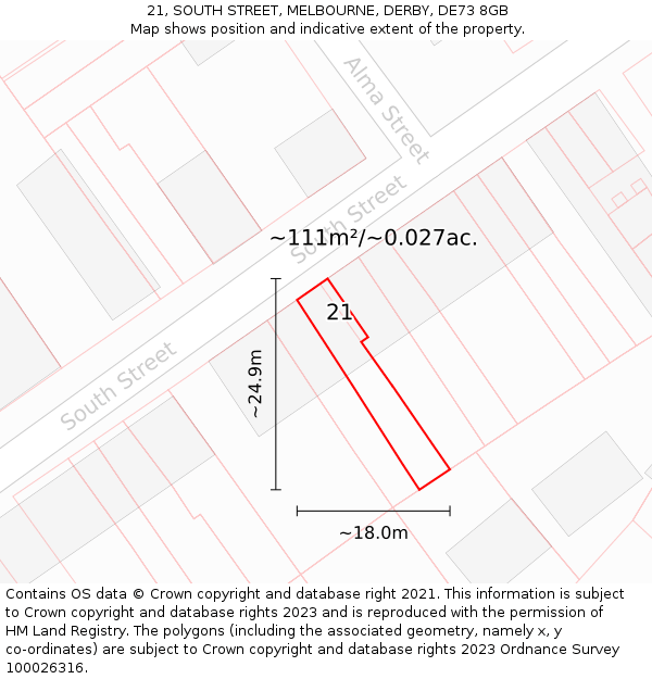 21, SOUTH STREET, MELBOURNE, DERBY, DE73 8GB: Plot and title map