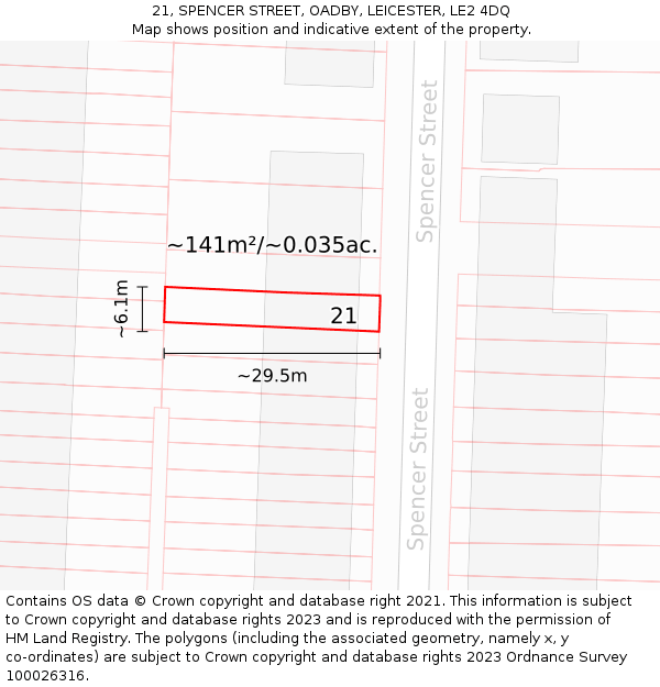 21, SPENCER STREET, OADBY, LEICESTER, LE2 4DQ: Plot and title map