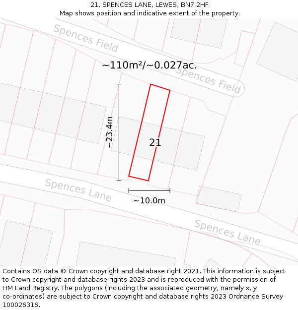 21, SPENCES LANE, LEWES, BN7 2HF: Plot and title map