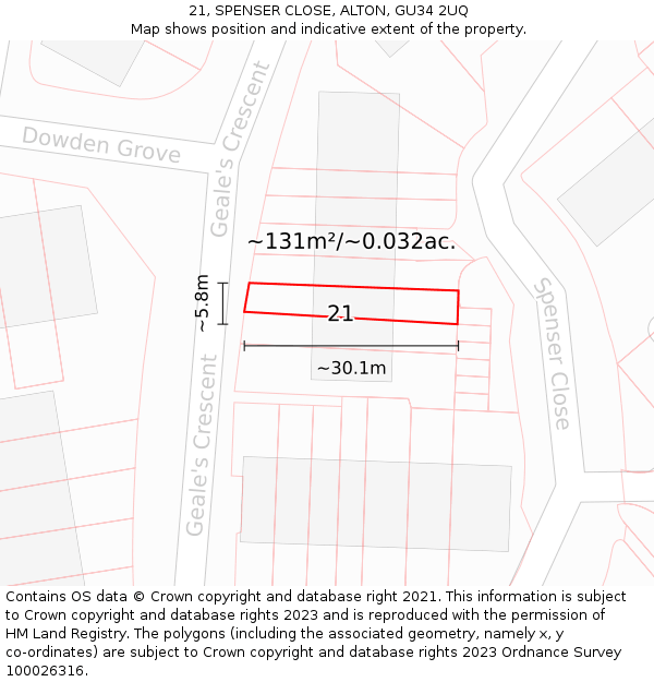 21, SPENSER CLOSE, ALTON, GU34 2UQ: Plot and title map