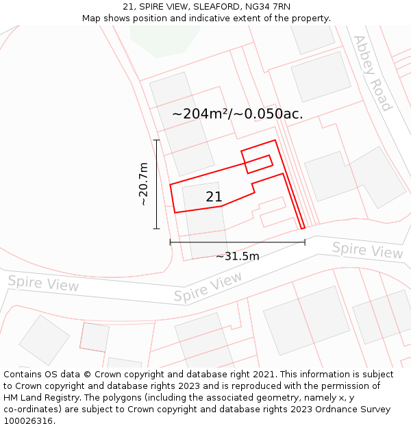 21, SPIRE VIEW, SLEAFORD, NG34 7RN: Plot and title map