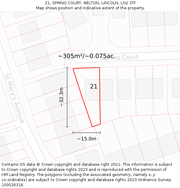 21, SPRING COURT, WELTON, LINCOLN, LN2 3TF: Plot and title map