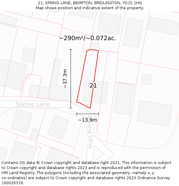 21, SPRING LANE, BEMPTON, BRIDLINGTON, YO15 1HQ: Plot and title map
