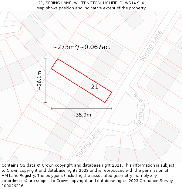 21, SPRING LANE, WHITTINGTON, LICHFIELD, WS14 9LX: Plot and title map