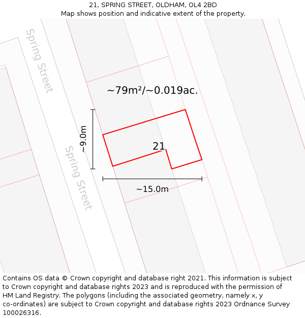 21, SPRING STREET, OLDHAM, OL4 2BD: Plot and title map
