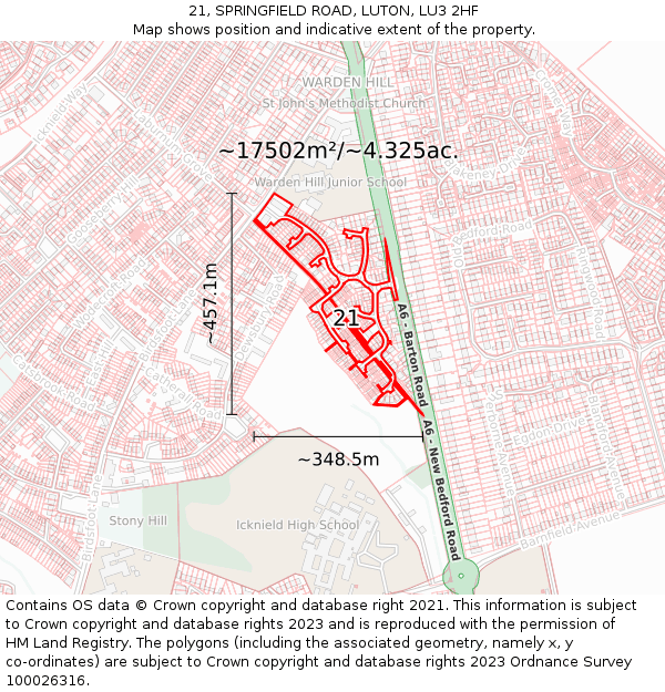 21, SPRINGFIELD ROAD, LUTON, LU3 2HF: Plot and title map