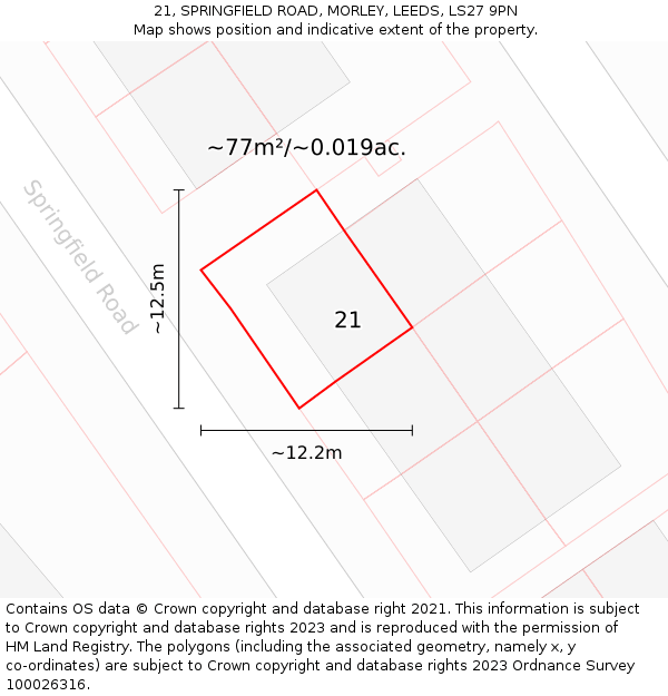 21, SPRINGFIELD ROAD, MORLEY, LEEDS, LS27 9PN: Plot and title map
