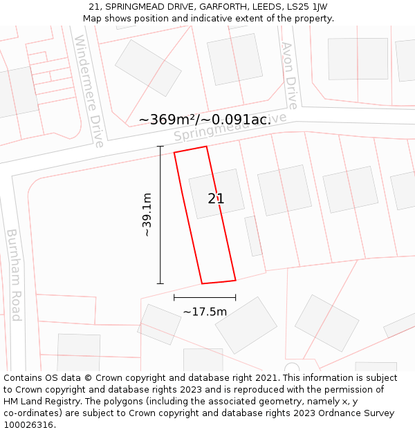 21, SPRINGMEAD DRIVE, GARFORTH, LEEDS, LS25 1JW: Plot and title map