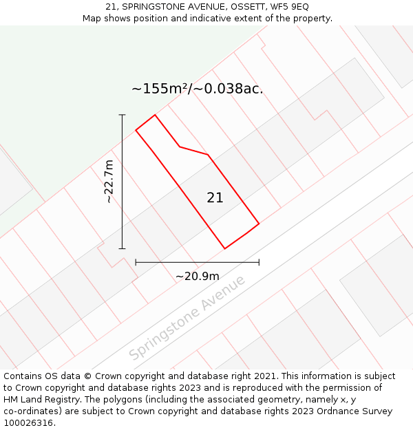21, SPRINGSTONE AVENUE, OSSETT, WF5 9EQ: Plot and title map