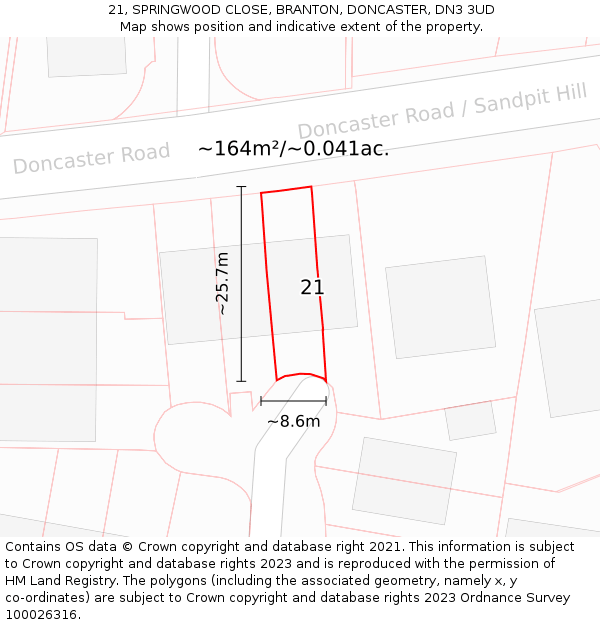 21, SPRINGWOOD CLOSE, BRANTON, DONCASTER, DN3 3UD: Plot and title map