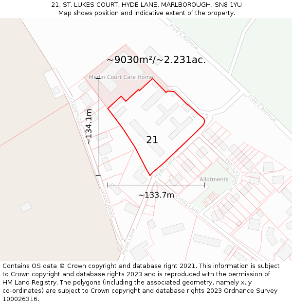 21, ST. LUKES COURT, HYDE LANE, MARLBOROUGH, SN8 1YU: Plot and title map