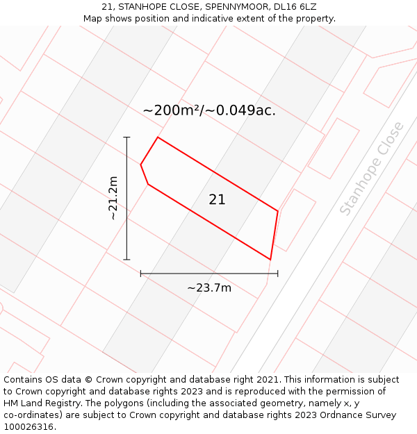 21, STANHOPE CLOSE, SPENNYMOOR, DL16 6LZ: Plot and title map