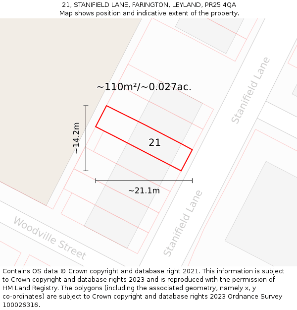 21, STANIFIELD LANE, FARINGTON, LEYLAND, PR25 4QA: Plot and title map