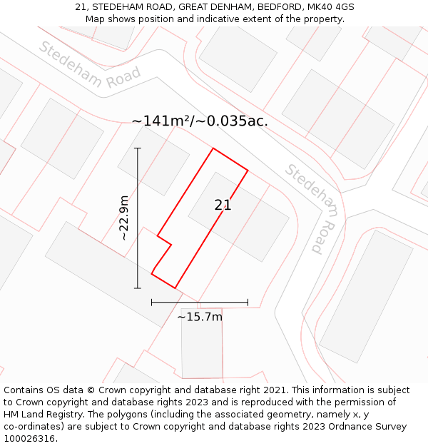 21, STEDEHAM ROAD, GREAT DENHAM, BEDFORD, MK40 4GS: Plot and title map