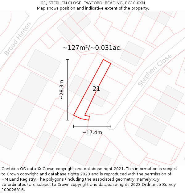 21, STEPHEN CLOSE, TWYFORD, READING, RG10 0XN: Plot and title map