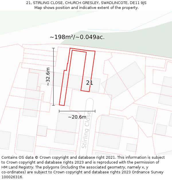 21, STIRLING CLOSE, CHURCH GRESLEY, SWADLINCOTE, DE11 9JS: Plot and title map