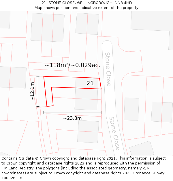 21, STONE CLOSE, WELLINGBOROUGH, NN8 4HD: Plot and title map