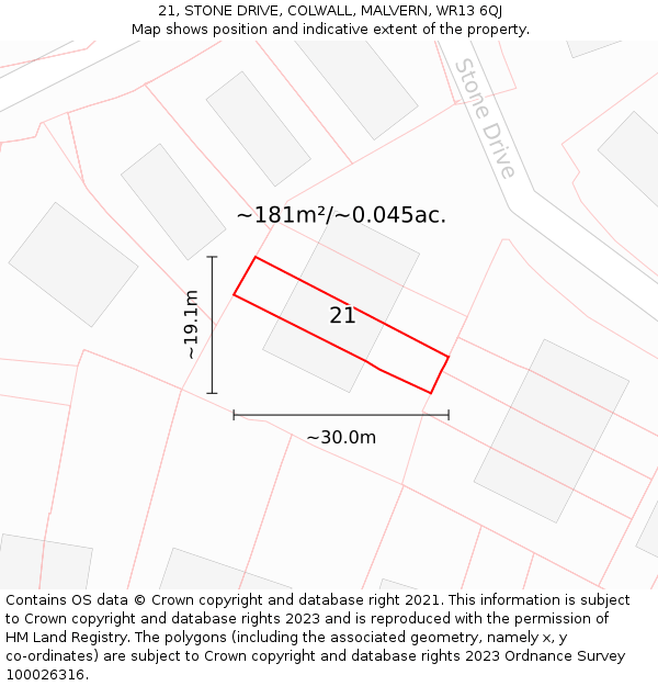 21, STONE DRIVE, COLWALL, MALVERN, WR13 6QJ: Plot and title map