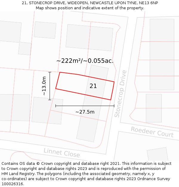 21, STONECROP DRIVE, WIDEOPEN, NEWCASTLE UPON TYNE, NE13 6NP: Plot and title map
