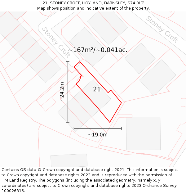 21, STONEY CROFT, HOYLAND, BARNSLEY, S74 0LZ: Plot and title map