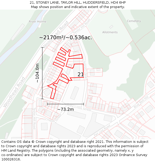 21, STONEY LANE, TAYLOR HILL, HUDDERSFIELD, HD4 6HP: Plot and title map
