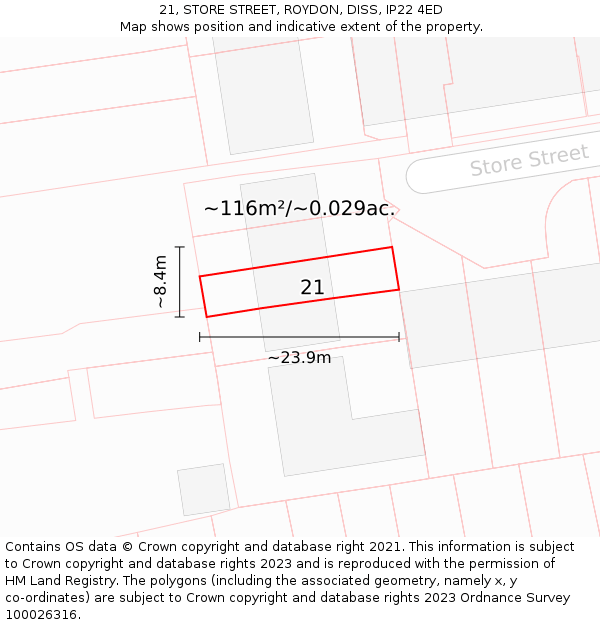 21, STORE STREET, ROYDON, DISS, IP22 4ED: Plot and title map