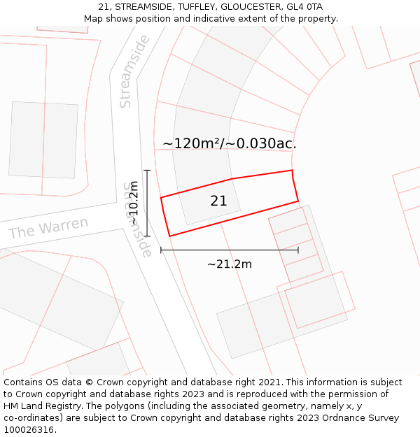 21, STREAMSIDE, TUFFLEY, GLOUCESTER, GL4 0TA: Plot and title map