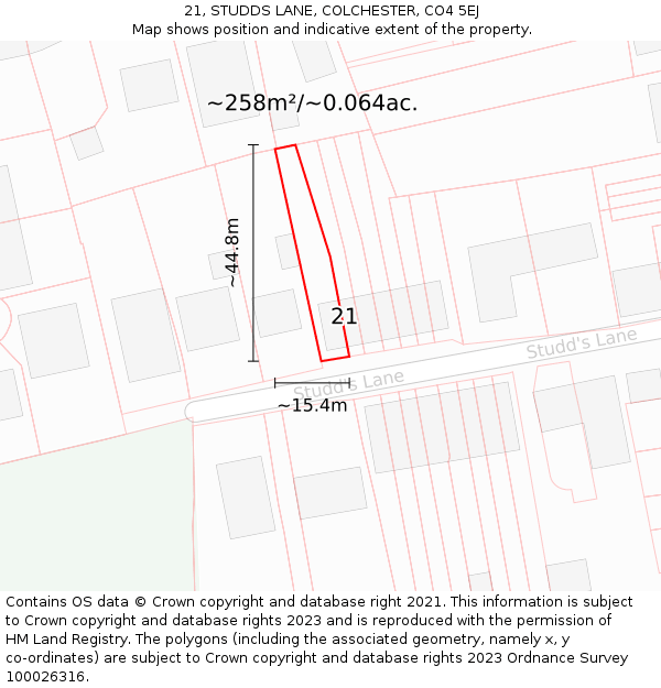 21, STUDDS LANE, COLCHESTER, CO4 5EJ: Plot and title map