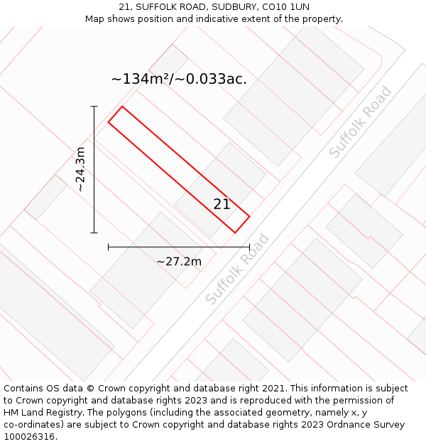 21, SUFFOLK ROAD, SUDBURY, CO10 1UN: Plot and title map