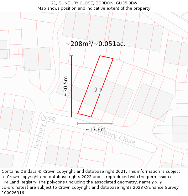 21, SUNBURY CLOSE, BORDON, GU35 0BW: Plot and title map