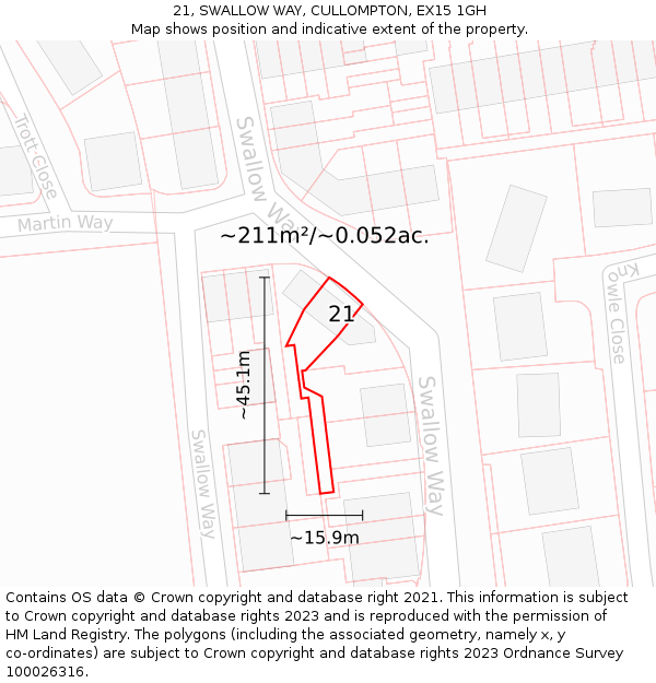 21, SWALLOW WAY, CULLOMPTON, EX15 1GH: Plot and title map