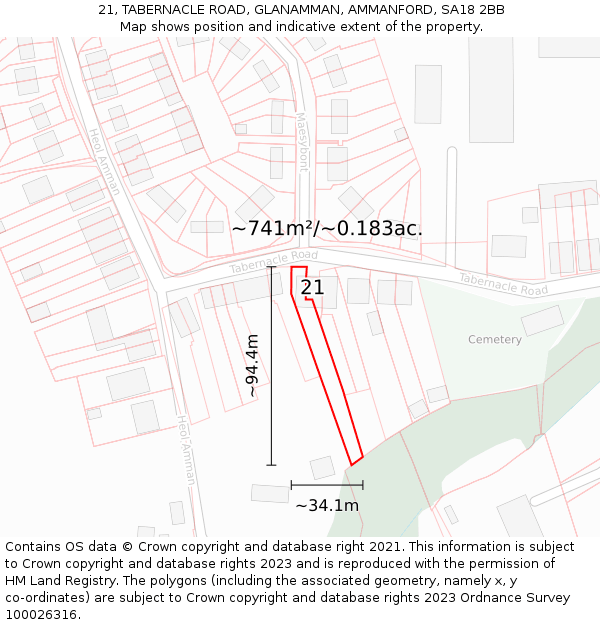 21, TABERNACLE ROAD, GLANAMMAN, AMMANFORD, SA18 2BB: Plot and title map