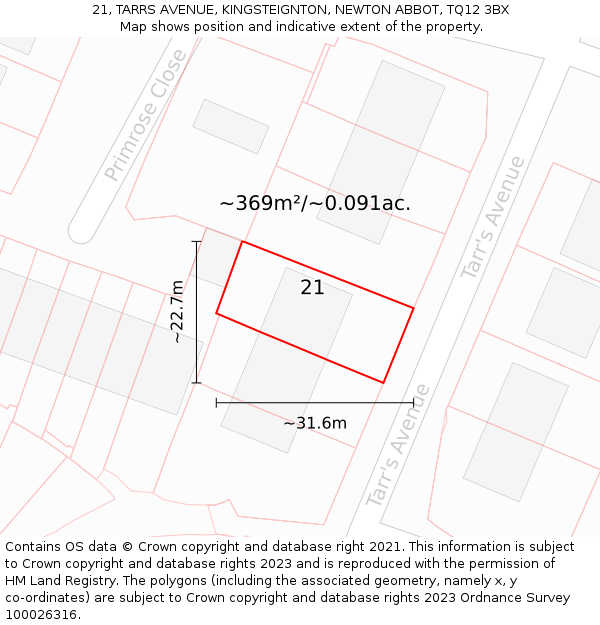 21, TARRS AVENUE, KINGSTEIGNTON, NEWTON ABBOT, TQ12 3BX: Plot and title map