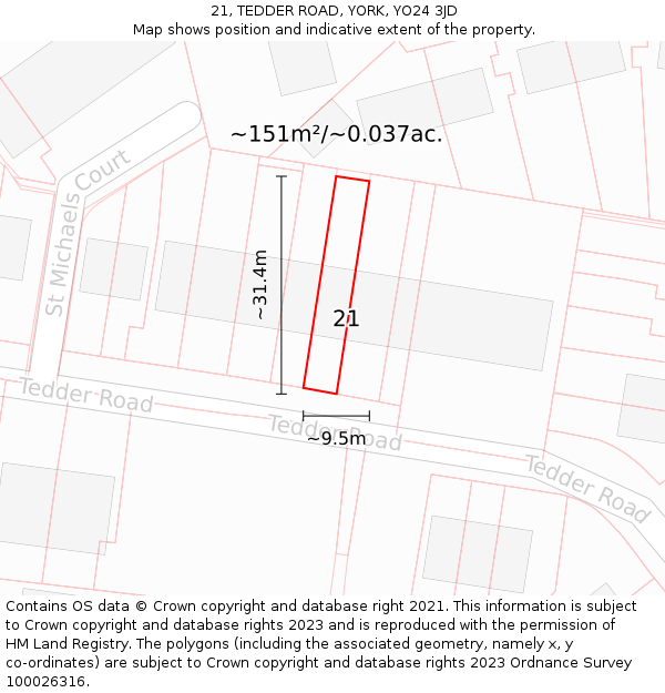 21, TEDDER ROAD, YORK, YO24 3JD: Plot and title map
