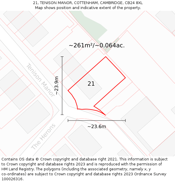 21, TENISON MANOR, COTTENHAM, CAMBRIDGE, CB24 8XL: Plot and title map