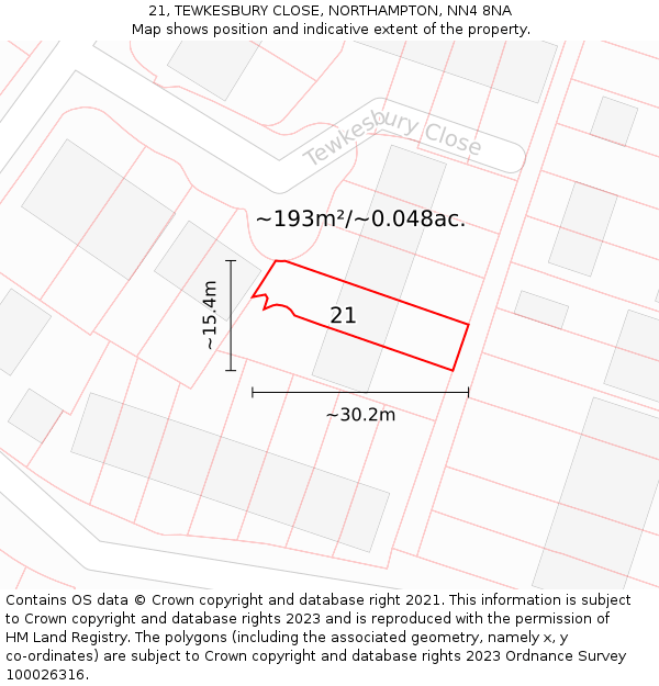 21, TEWKESBURY CLOSE, NORTHAMPTON, NN4 8NA: Plot and title map