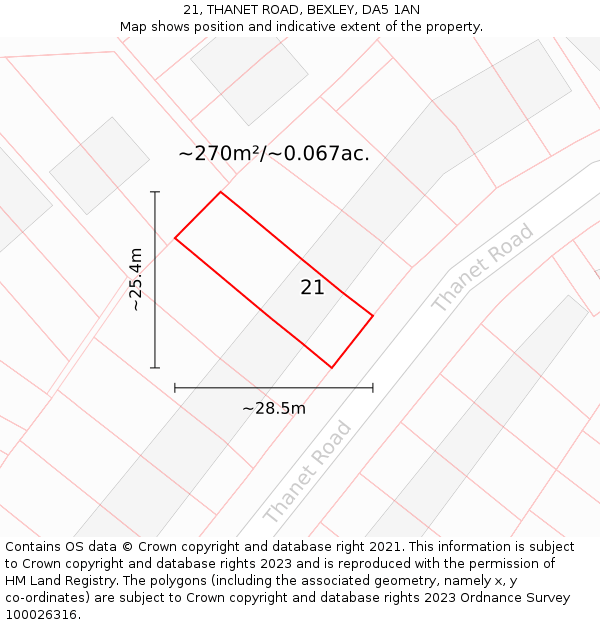 21, THANET ROAD, BEXLEY, DA5 1AN: Plot and title map