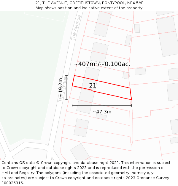 21, THE AVENUE, GRIFFITHSTOWN, PONTYPOOL, NP4 5AF: Plot and title map