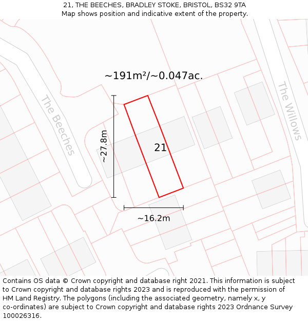 21, THE BEECHES, BRADLEY STOKE, BRISTOL, BS32 9TA: Plot and title map