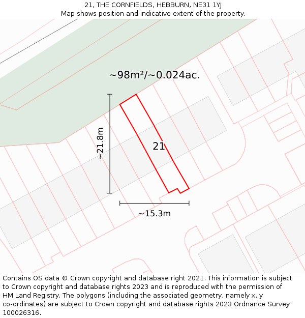 21, THE CORNFIELDS, HEBBURN, NE31 1YJ: Plot and title map