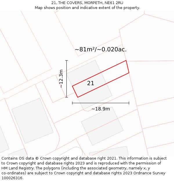 21, THE COVERS, MORPETH, NE61 2RU: Plot and title map