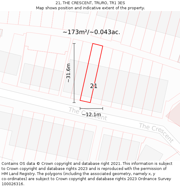 21, THE CRESCENT, TRURO, TR1 3ES: Plot and title map