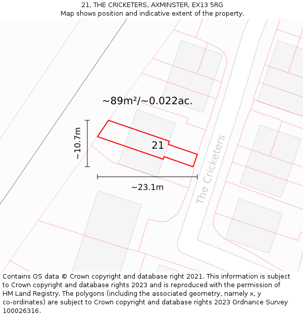 21, THE CRICKETERS, AXMINSTER, EX13 5RG: Plot and title map